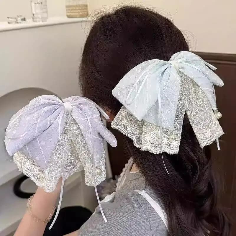 1PC Lace Satin Bow Hair Clip, Elegant lue Hair Accessory, Feminine Lace Bow Hair Decor, Stylish Daily Hair Ornament