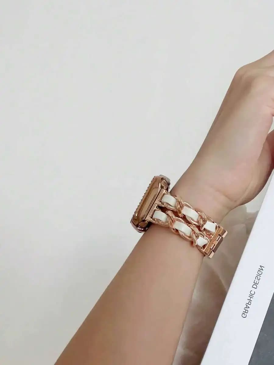 1pc Women's Stainless Steel Faux Leather Watch Band, Compatible With Apple Watch, Suitable For 42mm, 38mm, 40mm, 41mm, 44mm,