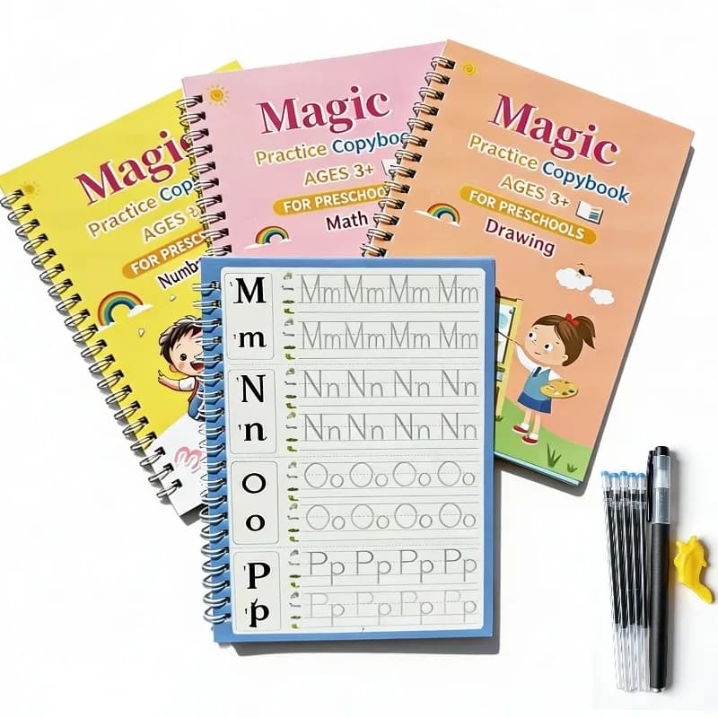 Writing Groove Book, 4 English Calligraphy Practice Sets, Alphanumeric Practice Book, Letter Writing Activity Practice Book