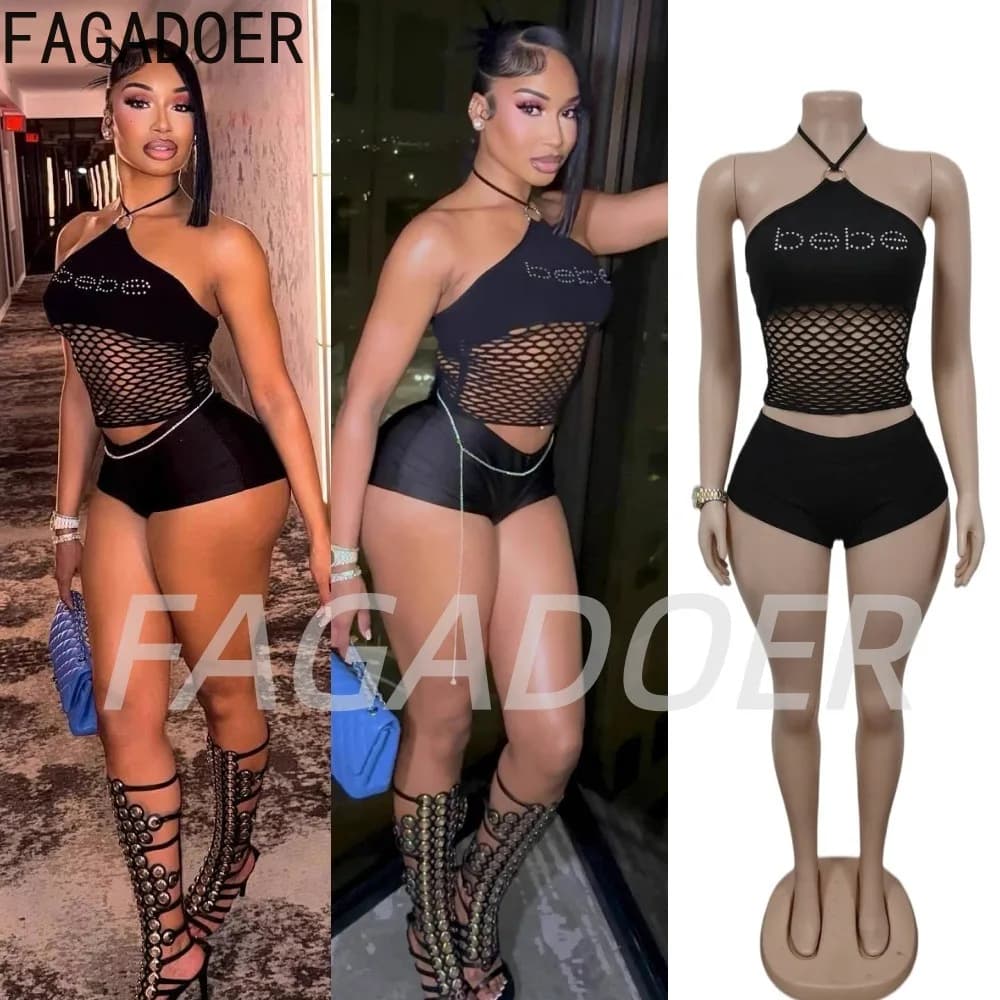 FAGADOER Set di due pezzi sexy con spalle scoperte e lacci per donna, top corto estivo traforato e pantaloncini, abiti da festa in stile street