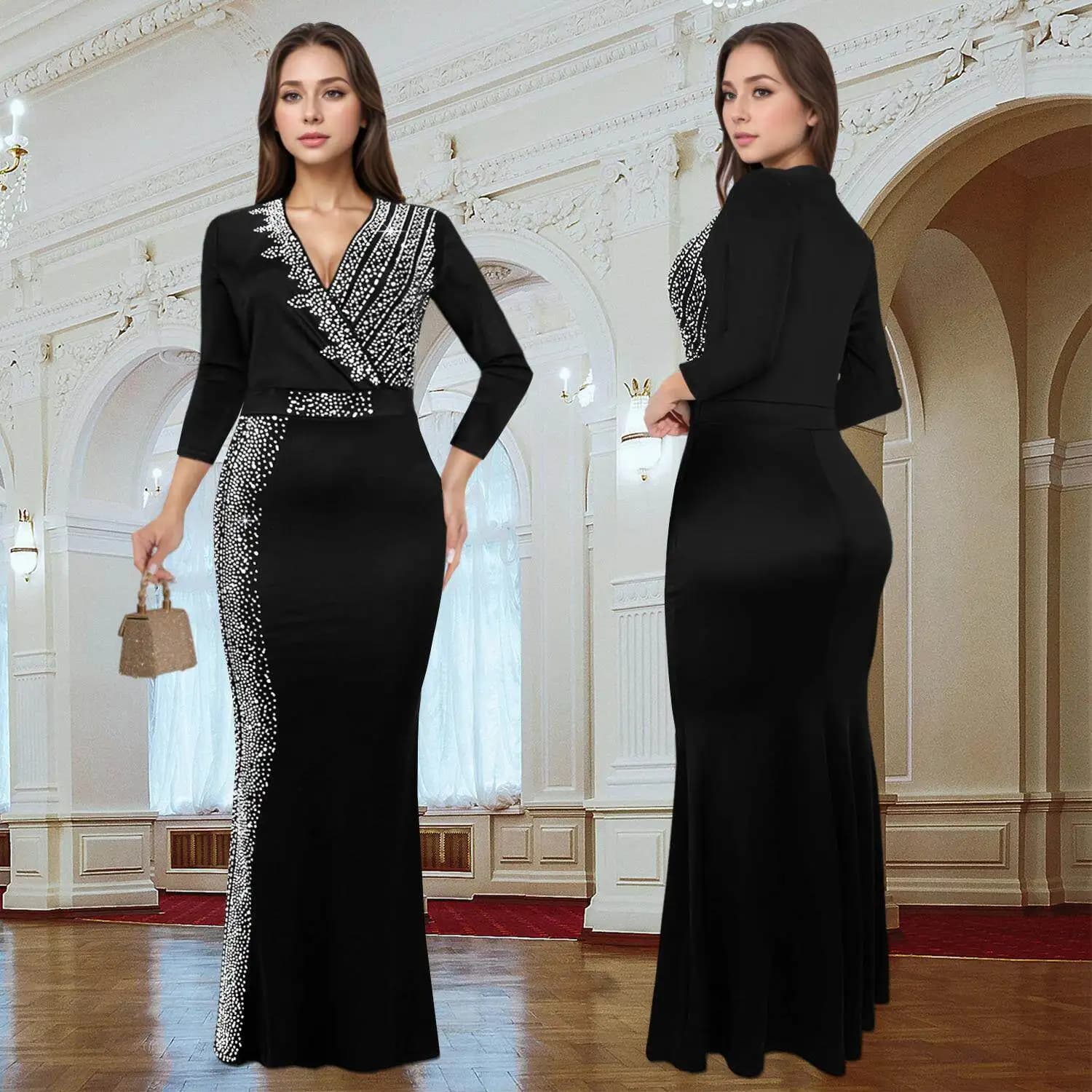 Elegant V-Neck Midi Dress C7290 Fashionable Women's Clothing with Rhinestones Sleeveless Autumn Wear Made in China