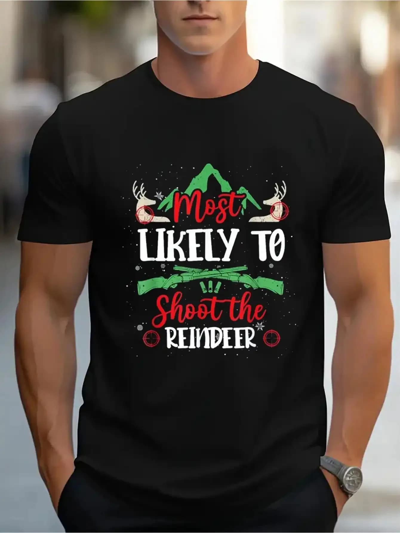 T-shirt natalizia divertente "Shoot a Reindeer" - Corna/Scatola di proiettili, maglietta invernale con umorismo per adulti rosso/verde