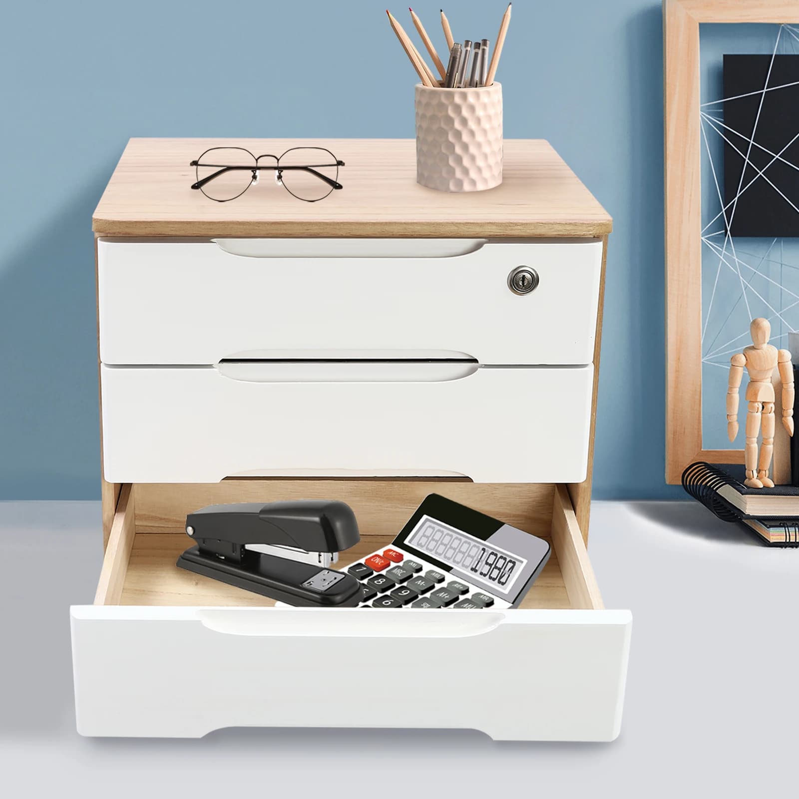Log White Paulownia 15,35x11,81x12,2 inch Storage Cabinet Closed Three Layers Drawer Table Storage Box Wooden sorting cabinet