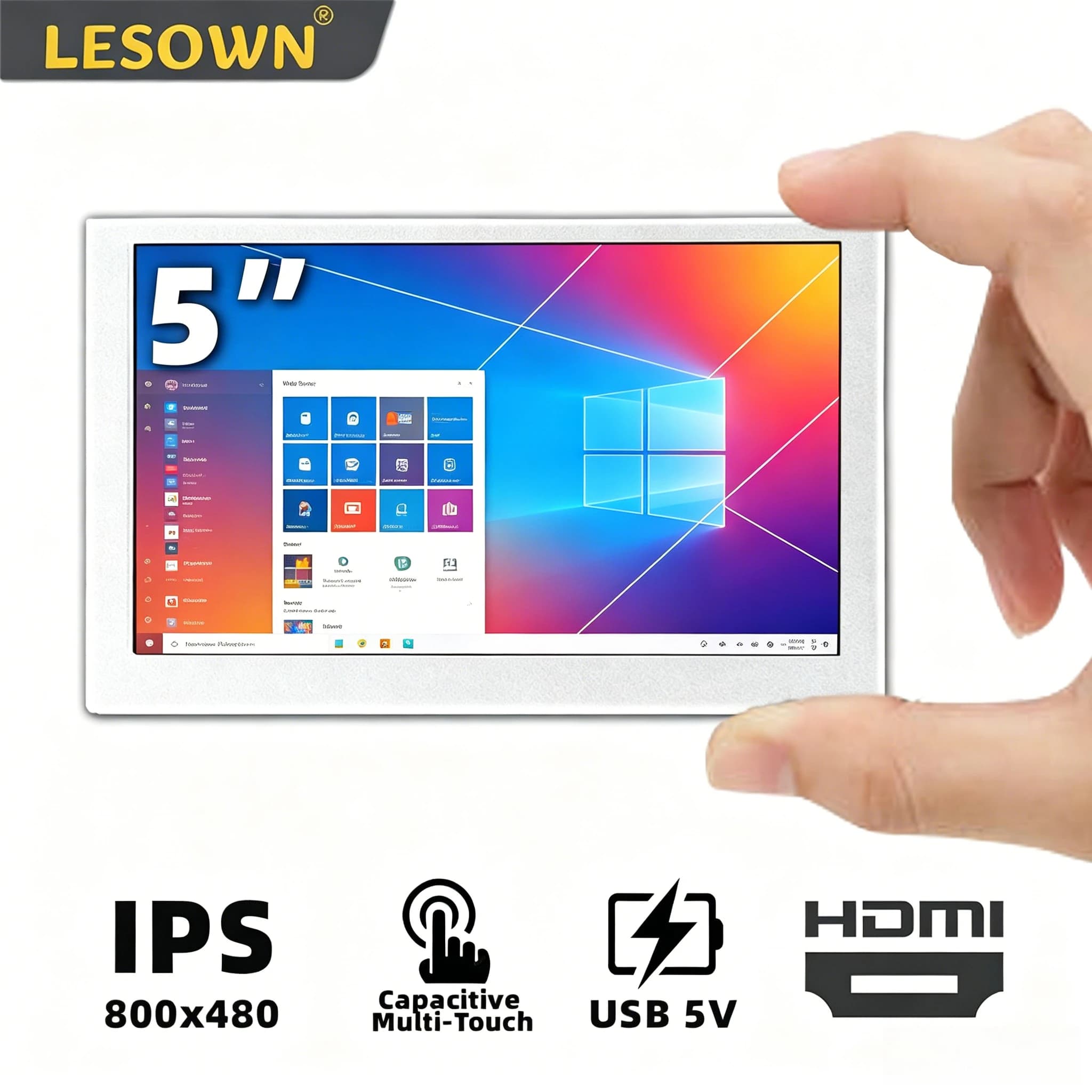 LESOWN Display Touch da 5.0 Pollici Bianco Opaco per Raspberry Pi, 16:9 800x480 HDMI 60Hz, Monitor Ausiliario per Kit DIY SBC