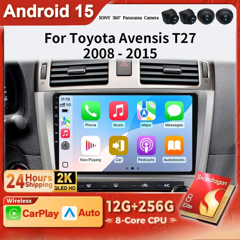 Android 15 2K QLED For Toyota Avensis T27 2009 - 2015 Car Radio Multimedia Player Navigation 2 Din Stereo DVD Head Unit Speaker