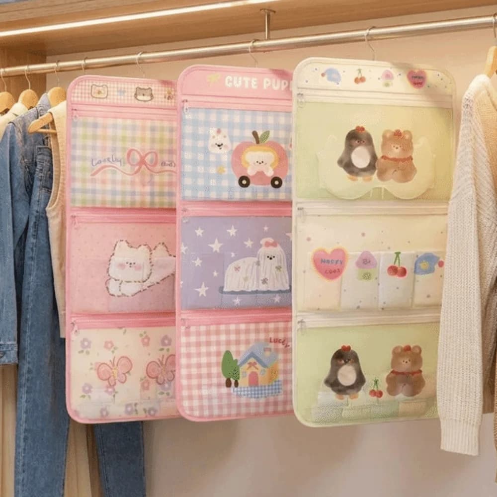 Cartoon Style 3-Layer Hanging Storage Bag Large Capacity Space Saving Underwear Socks Storage Bag Breathable with Hanger