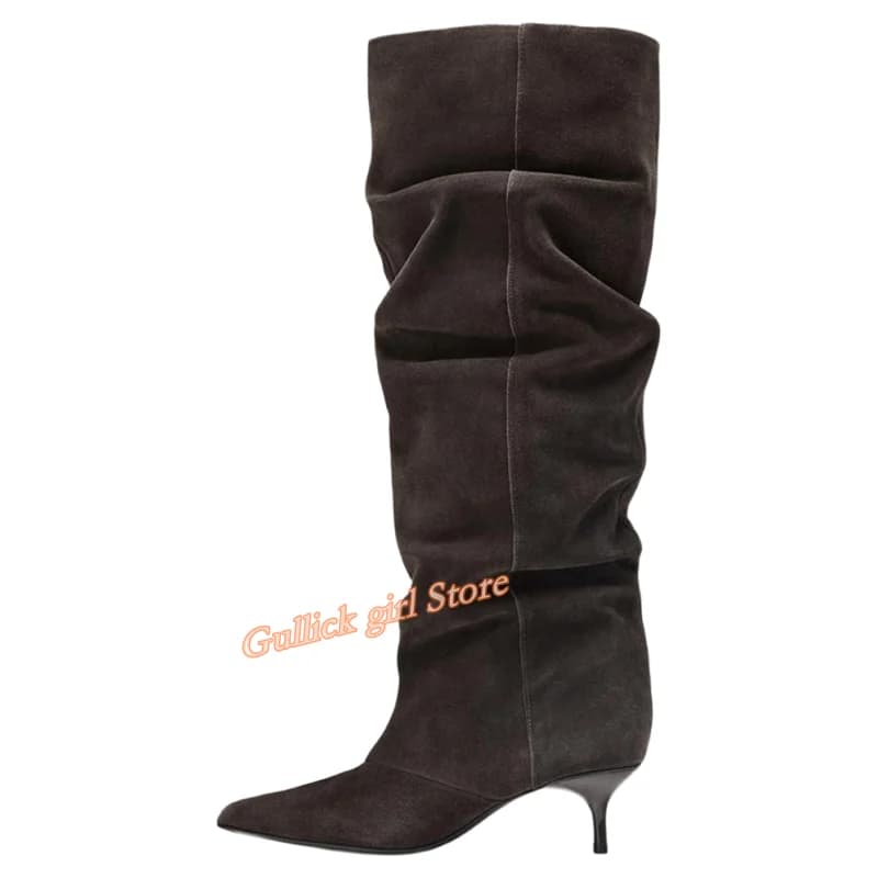 Soft Suede Boots with Rocchetto Heel, Sexy Faceted Toe, Slip-On Collection Runway Autumn Winter 2026, Women's Elegant Shoes with Folds