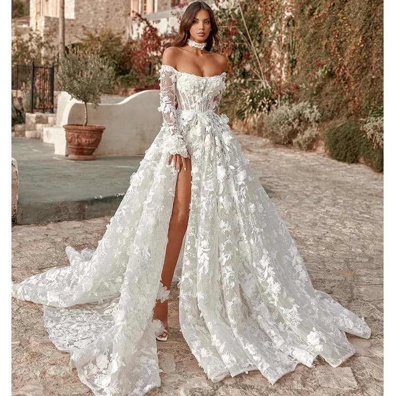 Wedding dress with voluminous organza flowers with embroidery, dance dress with slit, custom line, boat neckline, long sleeves, wedding dress with laces