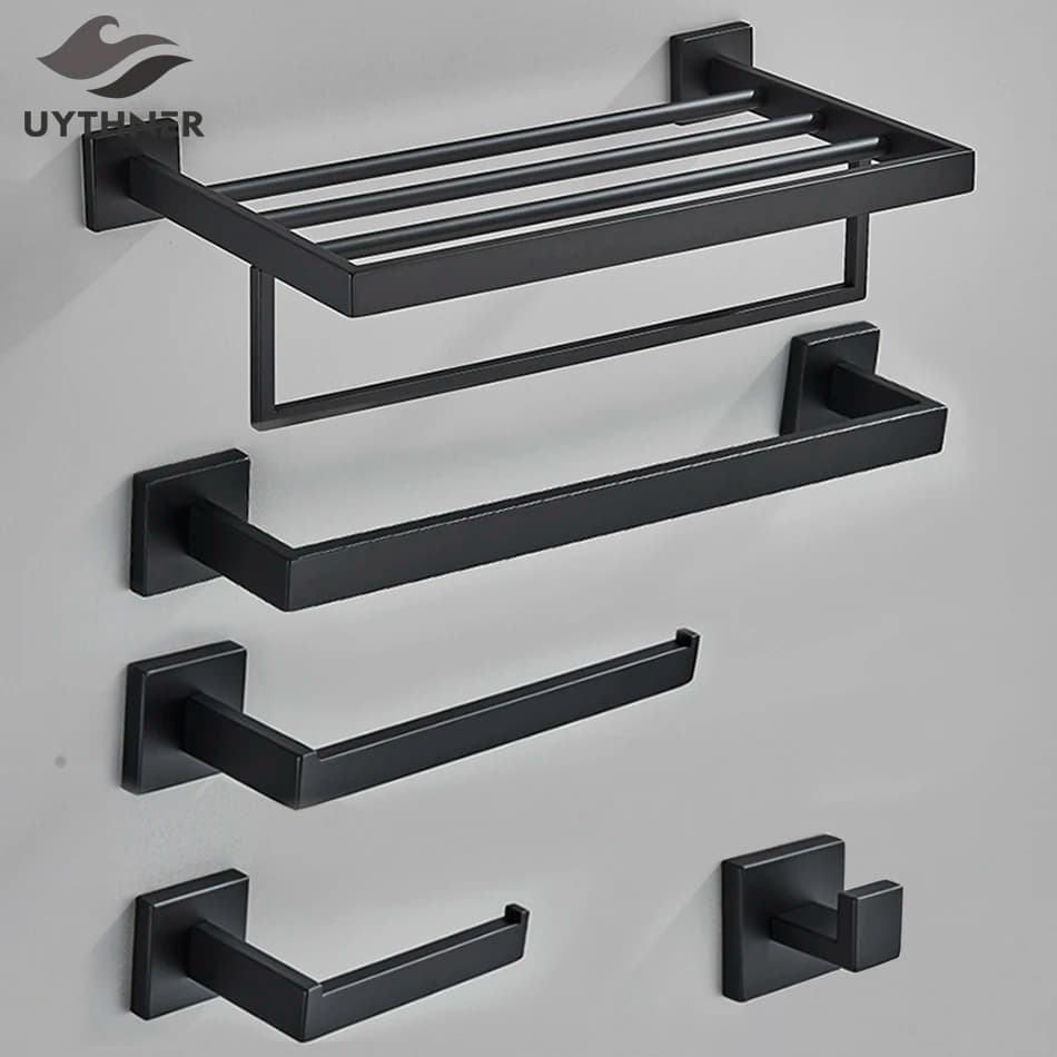 Set di accessori per il bagno nero Gancio per accappatoio Porta asciugamani Bar Scaffale Appendiabiti Portarotolo per carta igienica Accessori da parete per il bagno