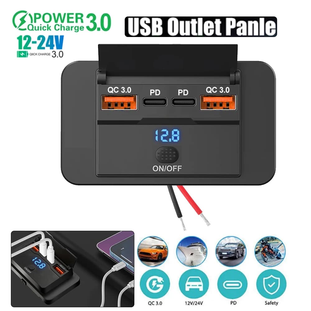 Presa USB 96W 12V Doppia USB C 30W e QC 3.0 18W Pannello presa caricabatteria per auto a 4 porte con interruttore a pulsante per moto marine bus RV