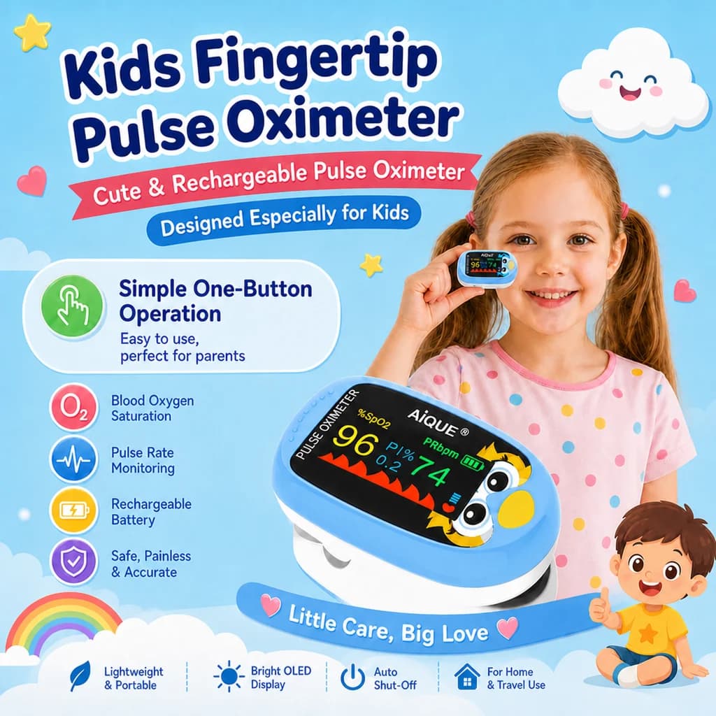 AiQUE Cartoon Fingertip Pulse Oximeter Rechargeable Infant Blood Oxygen Saturation Meter OLED Medical Pediatrics Kids Oximetro