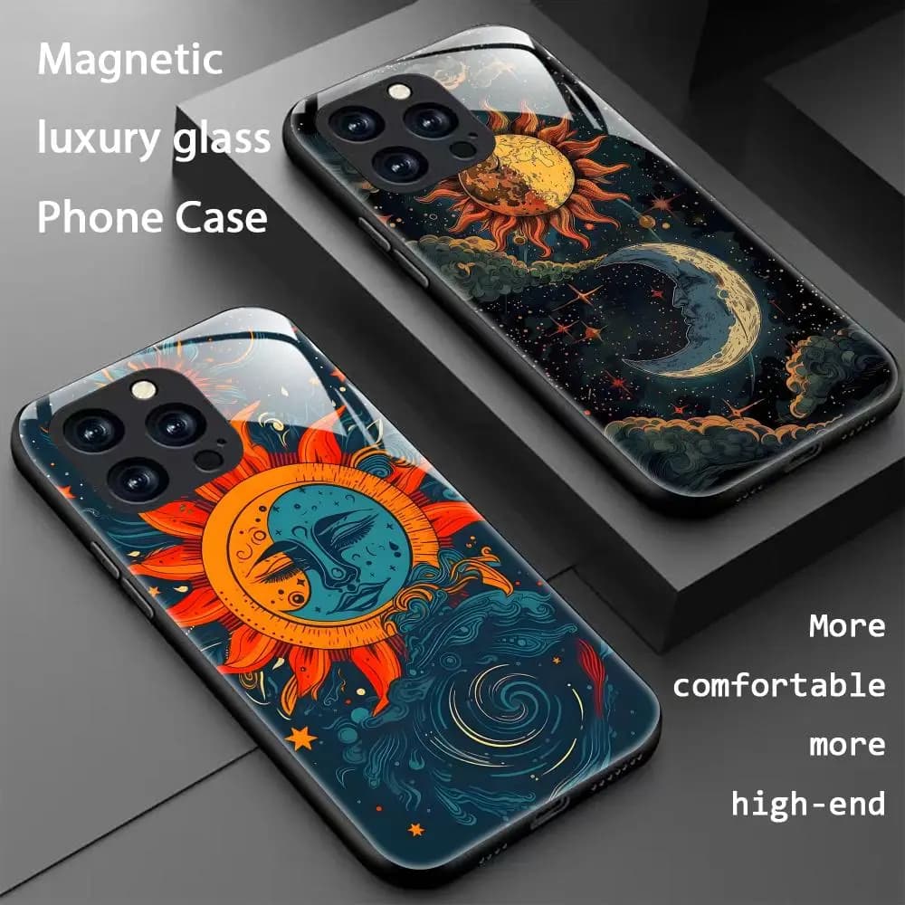 Fashion Sun Art Retro Draw Phone Case For iPhone 17 16 15 14 13 12 11 X XR XS 8 Plus Mini Pro Max Glass Magnetic Phone Case