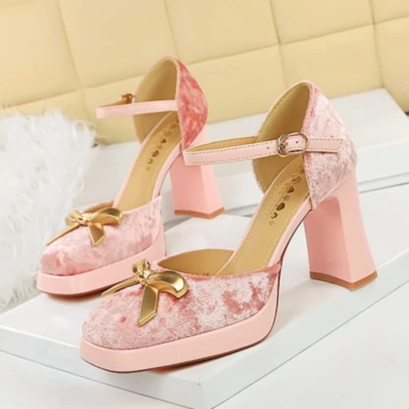 BIGTREE Sandali con Tacco Grosso e Plateau da Donna, Eleganti con Fiocco in Metallo, Scarpe da Sposa con Cinturino alla Caviglia, Zapatillas De Mujer