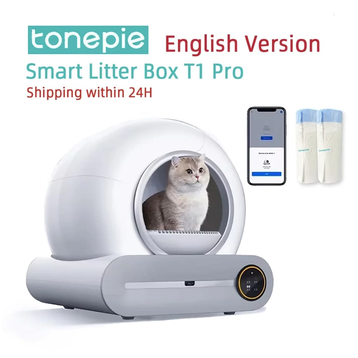 Tonepie 65L Lettiera per gatti intelligente automatica Autopulente Lettiera per gatti completamente chiusa Vassoio per lettiera per animali domestici Versioni in inglese