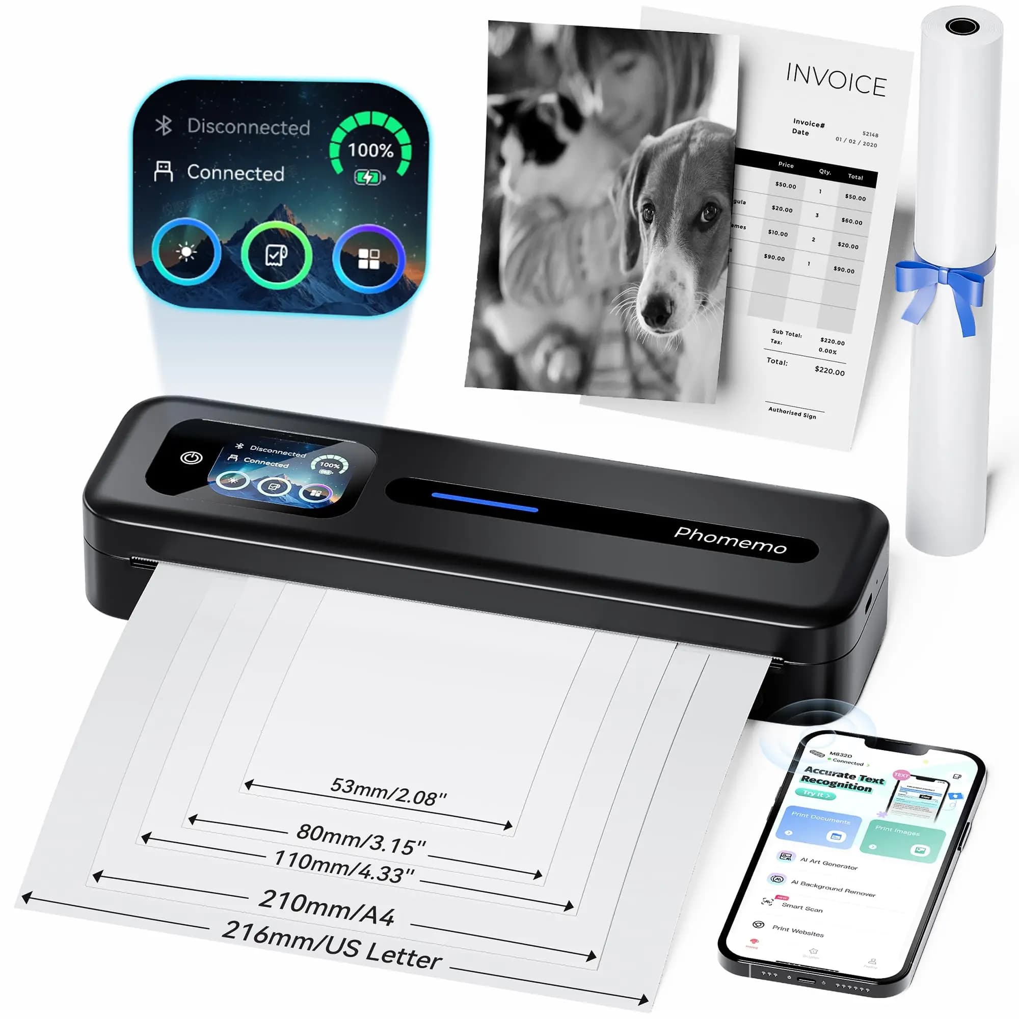 Stampante Portatile Phomemo M832D A4, Stampante Senza Inchiostro Wireless per Telefono e Laptop, Stampante Termica per Viaggi e Lavoro