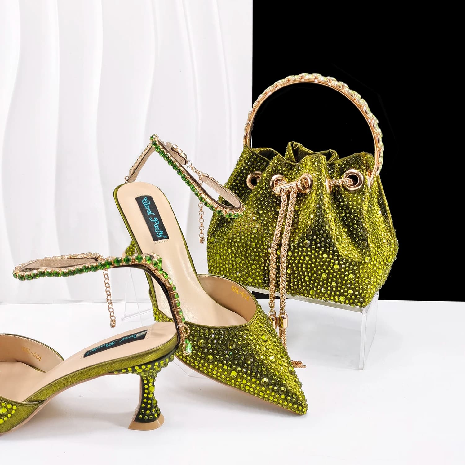 QueenaYan New African popular pointed toe shoes anklet design and metal handle soft small bag high heels party shoes for women