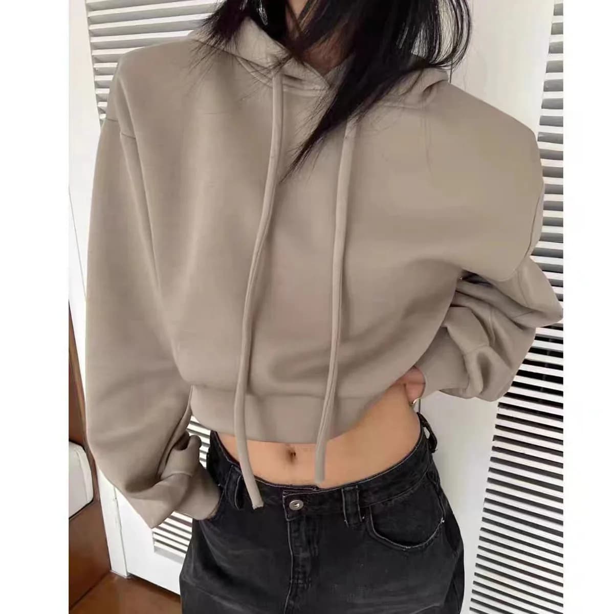 Autumn Long-sleeved Hooded Sweater Solid Color Loose and Thin Drawstring Versatile Pullover Top Short Lazy Style Jacket