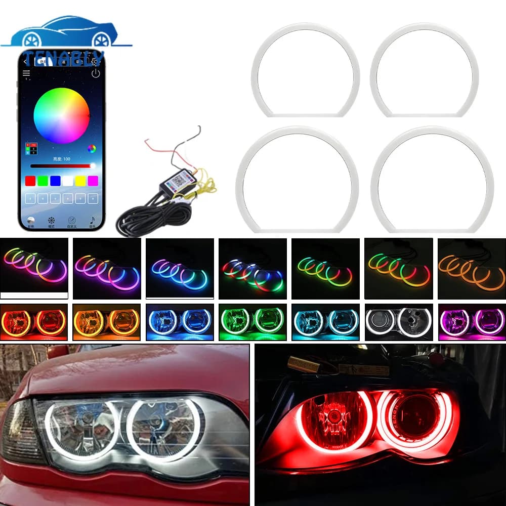 Cotton RGB Angel Eyes Halo Ring Light Multicolor DRL Daytime Running Lights APP Control with Yellow Turn Signal for E46 3 Series