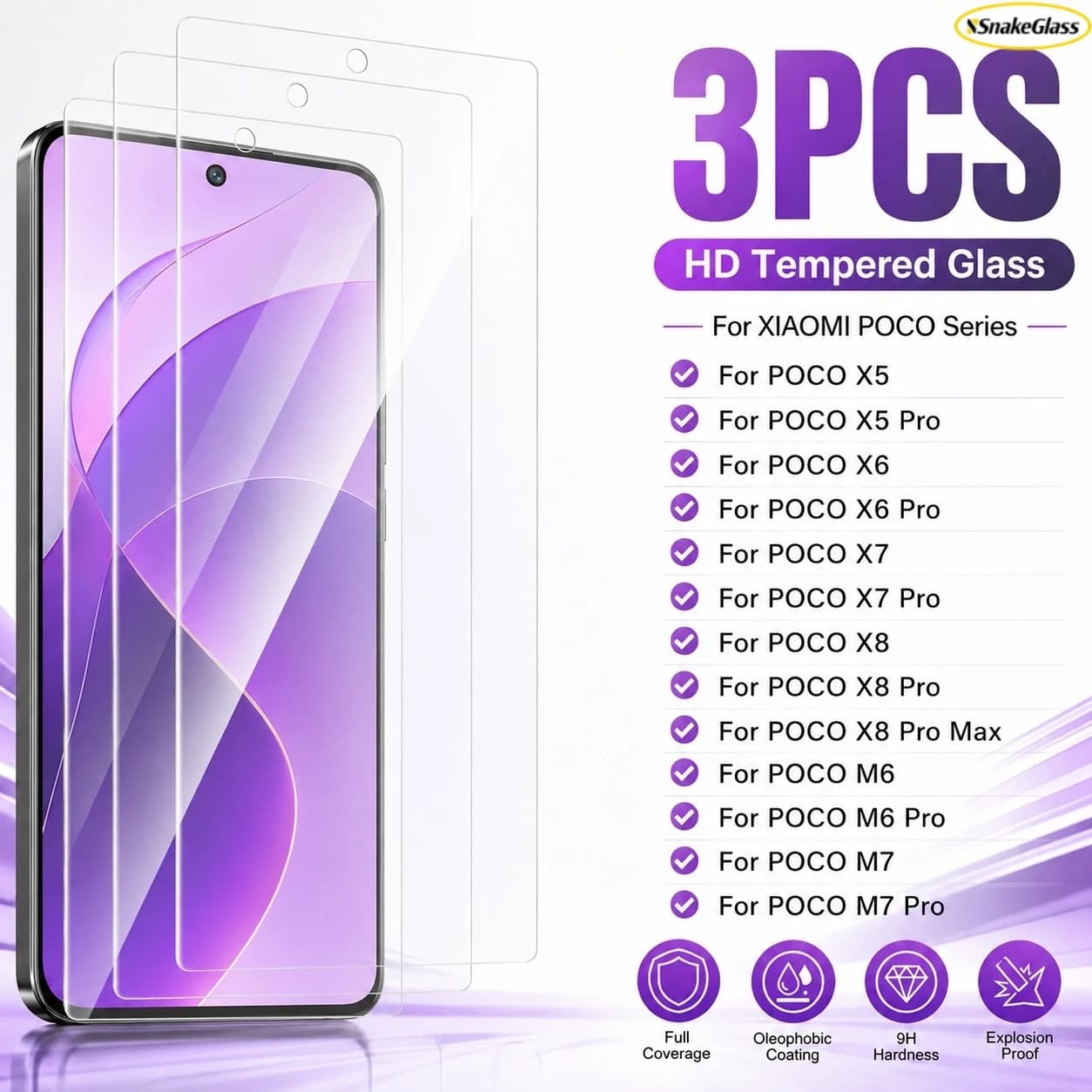 3PCS HD Tempered Glass For Poco X8 Pro Max X8Pro X7Pro X6 Pro X5 Pro X4 GT M7 Plus M7 Pro 5G Full Cover Protector Film Guard