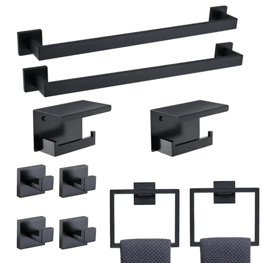 Set di accessori per bagno neri da 10 pezzi in acciaio inossidabile SUS304, 2 portasciugamani da 23,6 pollici, 2 anelli porta asciugamani, 2 porta carta igienica e 4 accessori per WC.