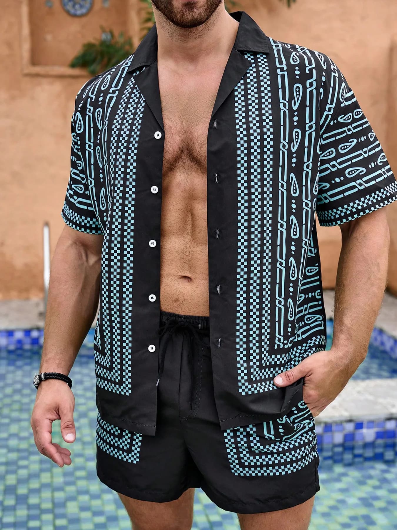 Men's suit 2 pieces black and blue with Paisley pattern, short sleeve shirt with Cuban collar and shorts with drawstring, summer outfit High Street