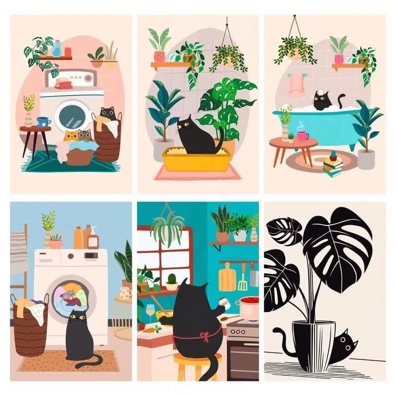 Household Black Cat Laundry Kitchen Bathtub Green Plant Diamond Painting, Fresh Botanical Pet Wall Decor For Home Living Room