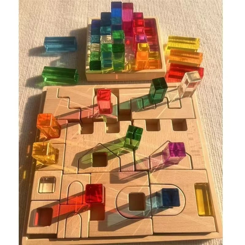 Blocchi castello in legno, cubi trasparenti arcobaleno - Gioco e arredamento aperti