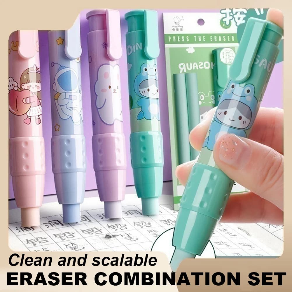5 Set 15 Pcs Press the eraser for primary school and kindergarten children, cute girl heart cartoon Clean and retractable