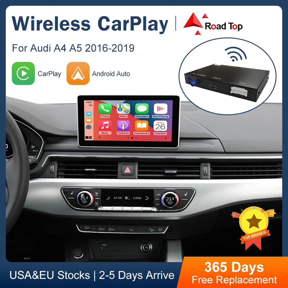 CarPlay wireless da strada per Audi A4 B9 A5 Q5 Q7 2016-2019, con interfaccia Android Auto AirPlay Mirror Link Funzioni di riproduzione per auto