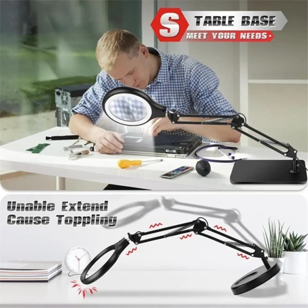 Lente d'Ingrandimento A72U con Luce e Supporto, Lampada da Tavolo LED per Lettura, Lavori Manuali e Lavori di Precisione