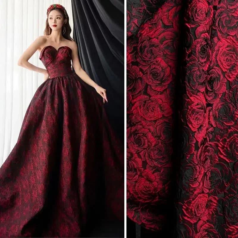 1x1.55 cm in rilievo nero rosso scuro 3D rosa tessuto tinto in filo jacquard per abito da donna borsa da cucito fai da te abbigliamento