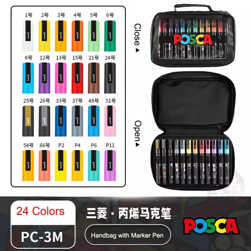 UNI POSCA Acrylic Paint Marker Pens 24 Hole Portable Storage&PC-1/3/5M Outdoor Sketching,Drawing,Graffiti Stationery Art Markers