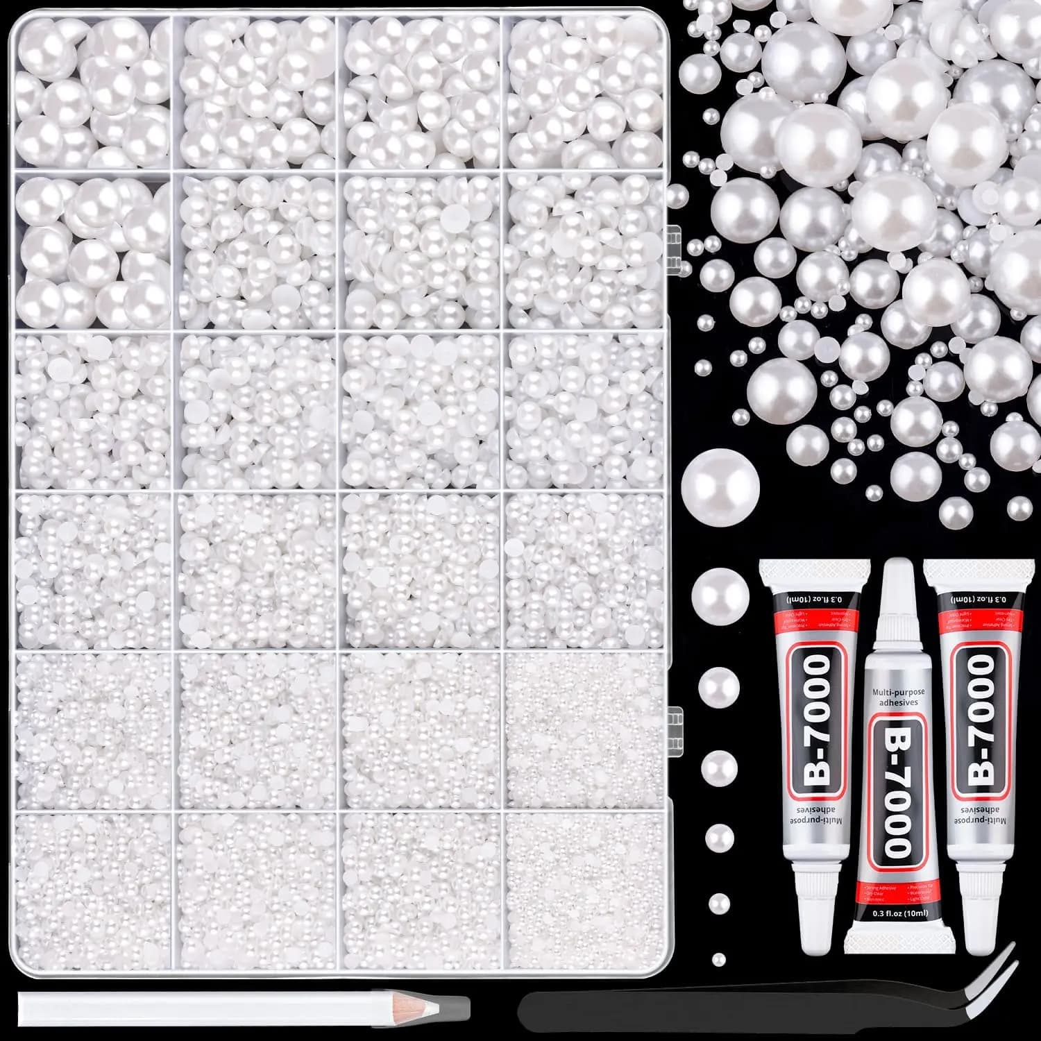 16500 Pezzi di Perle Bianche Piatte da 2-10mm con 3 Colla B7000, Kit Fai-da-te per Decorazioni di Scarpe, Bicchieri e Nail Art