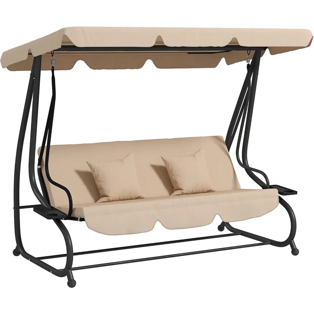 3 Seat Exterior Pendulum, Convertible to Flat Bed, with Adjustable Canopy, Removable Decorative Bearings
