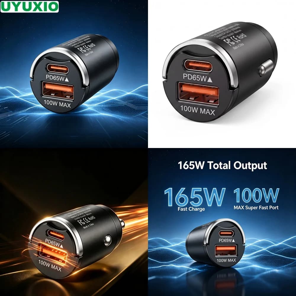 165W Travel Car Charger 65W USB C Power Delivery and 100W USB A Ultra Compact Flush Mount Design for Mobile Devices and Laptops
