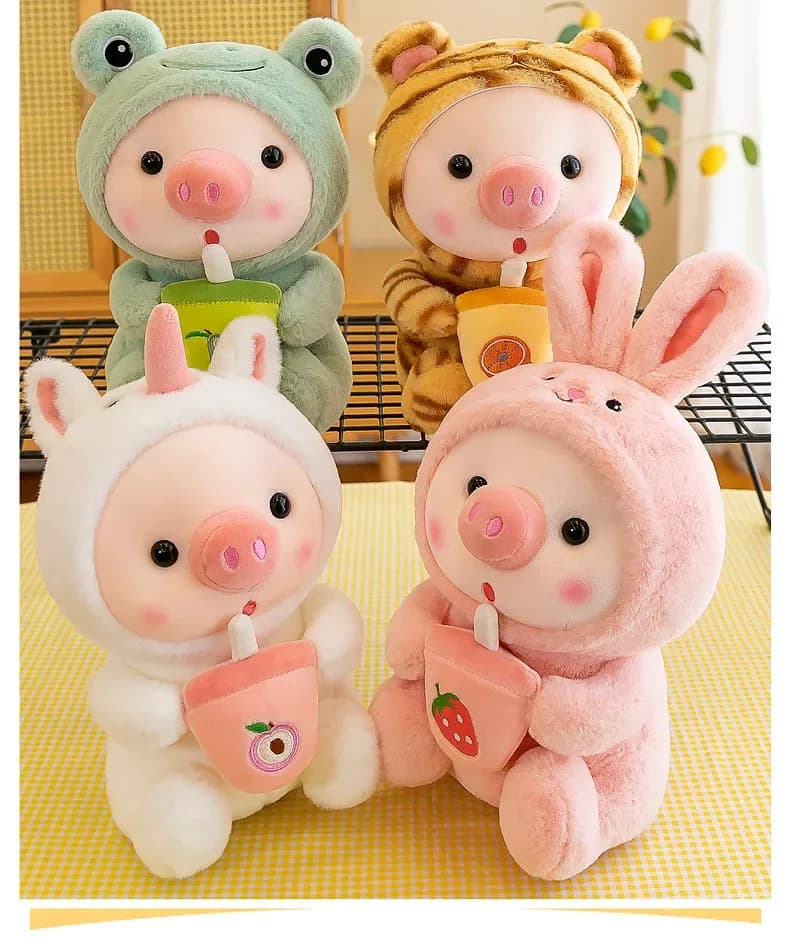 Cute pig plush to milk tea - Pie doll with transformation of cartoon animals, Kawaii frog plush, soft gift for hug pillow