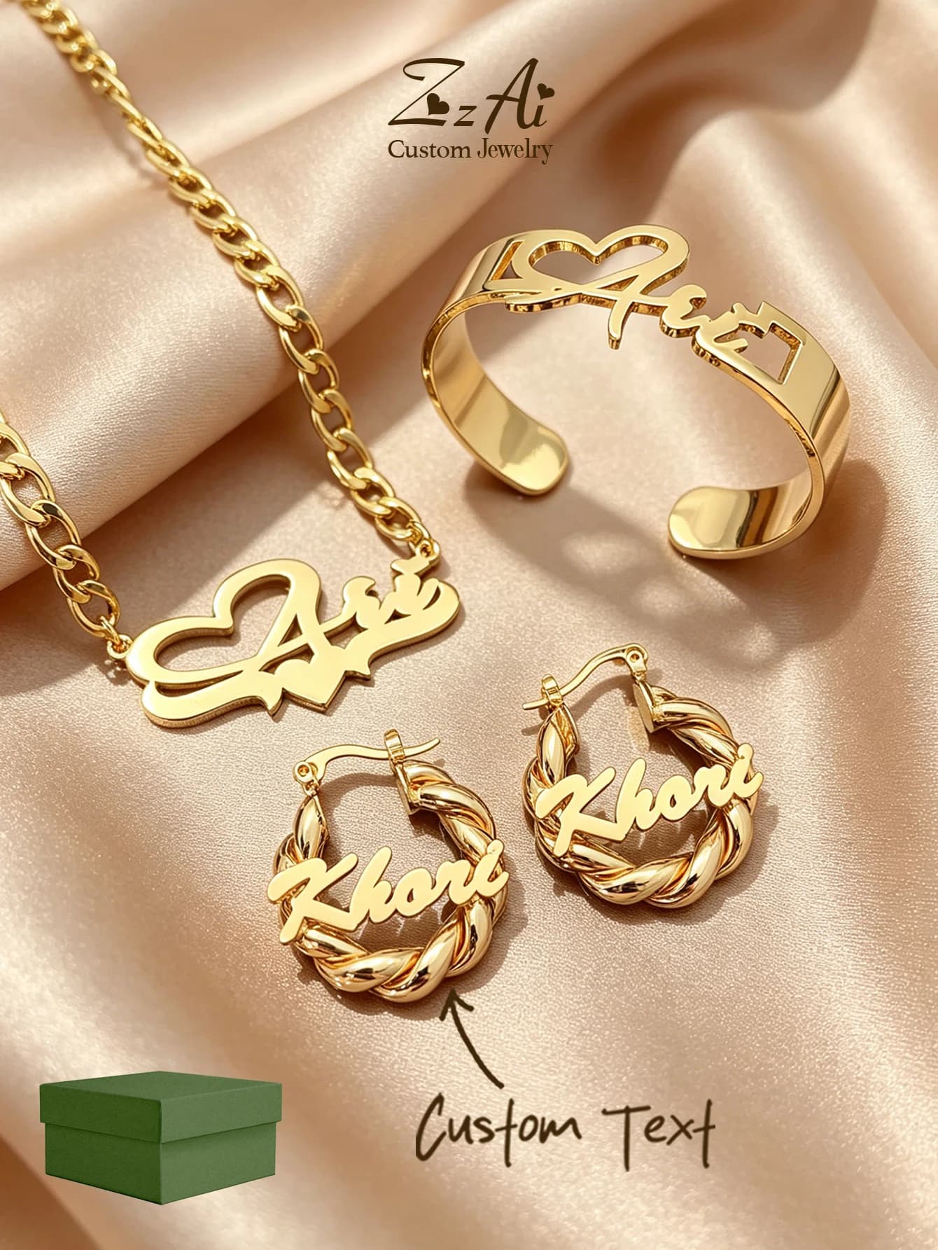 Personalized custom necklace, earrings, and bracelet set, with 3cm earrings, personalized custom name, stainless steel jewelry,