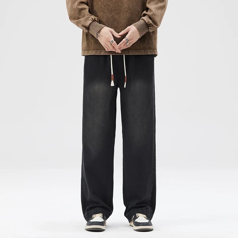 Jeans larghi da uomo Pantaloni a gamba larga da uomo Pantaloni in denim larghi Casaul Jeans neri Strisce laterali Abbigliamento da uomo in vita elastica vintage