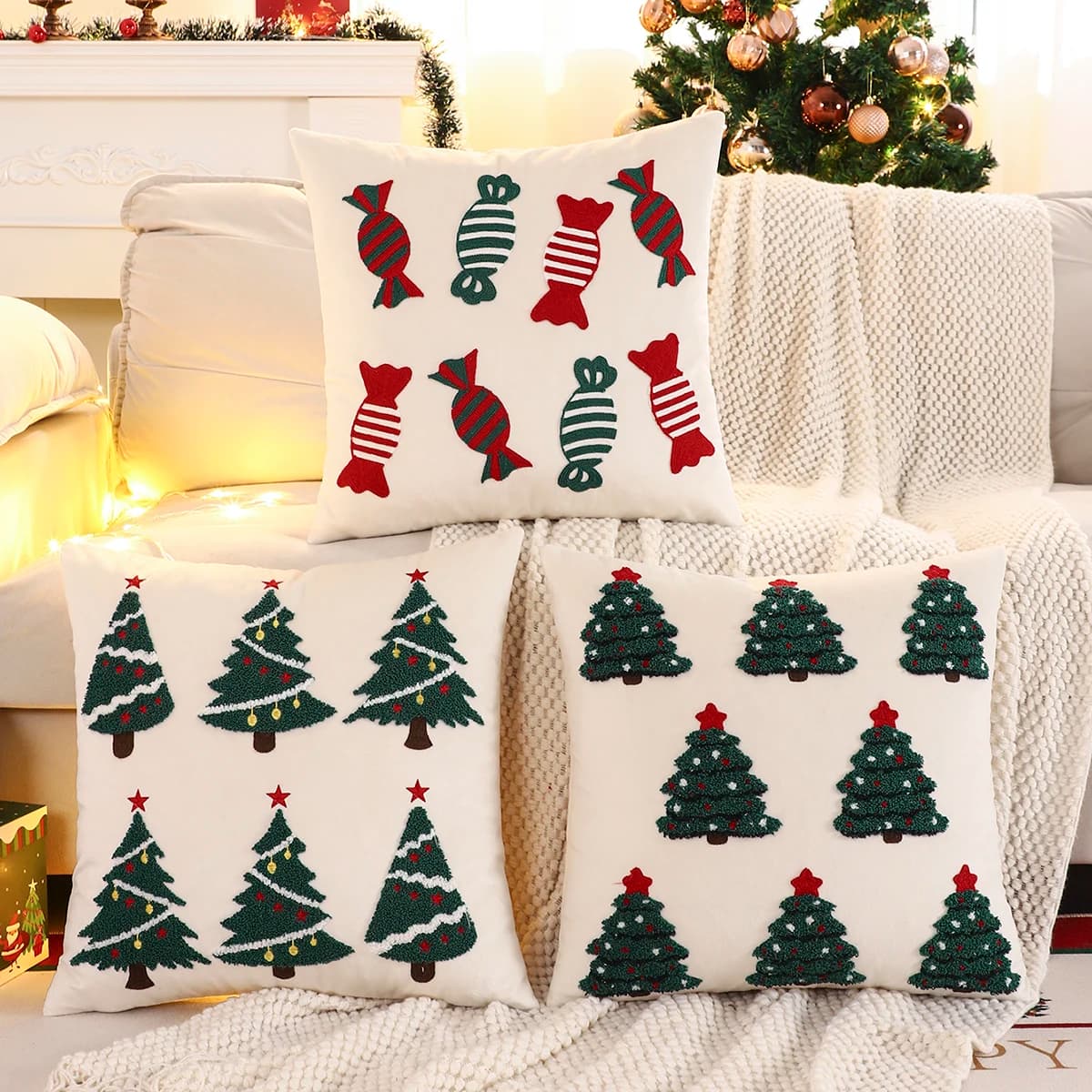 1 PC Christmas Tree Throw Pillow Cover Velvet Embroidery Candy Christmas Decoration Living Room