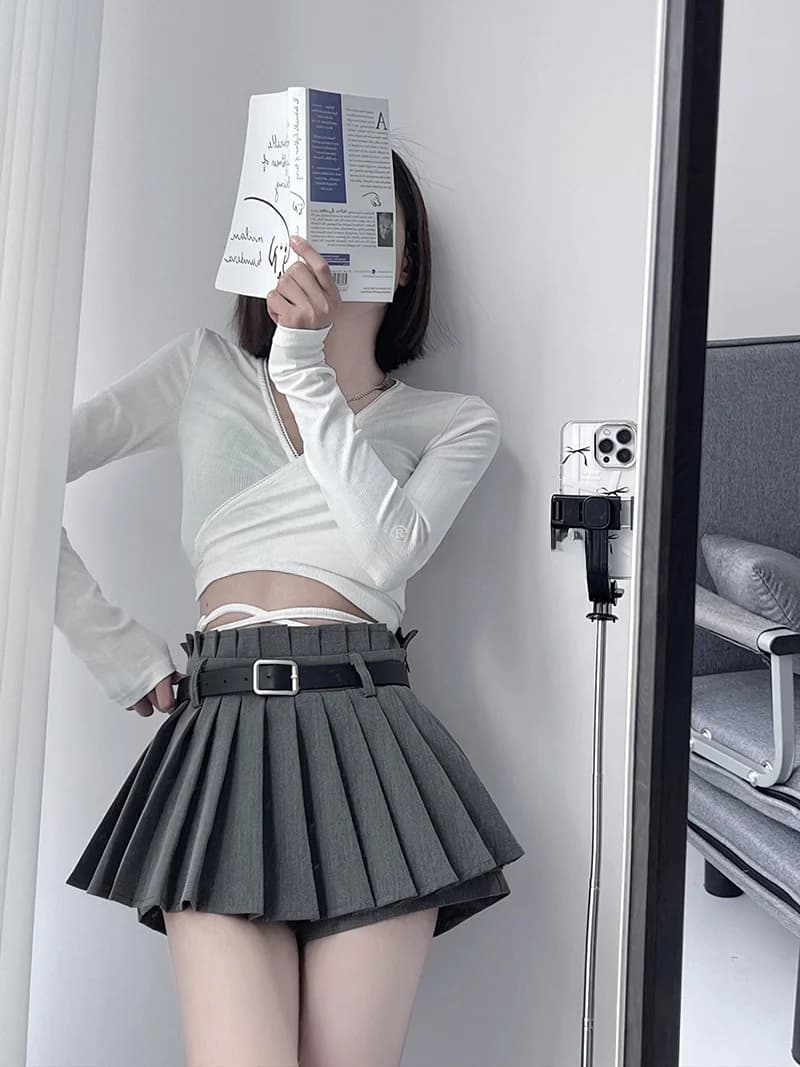 High Waist A-Line Skirt with Safety Pants And Belt Sexy Pure Color Half Body Short Skirt Anti-Light Walking Versatile