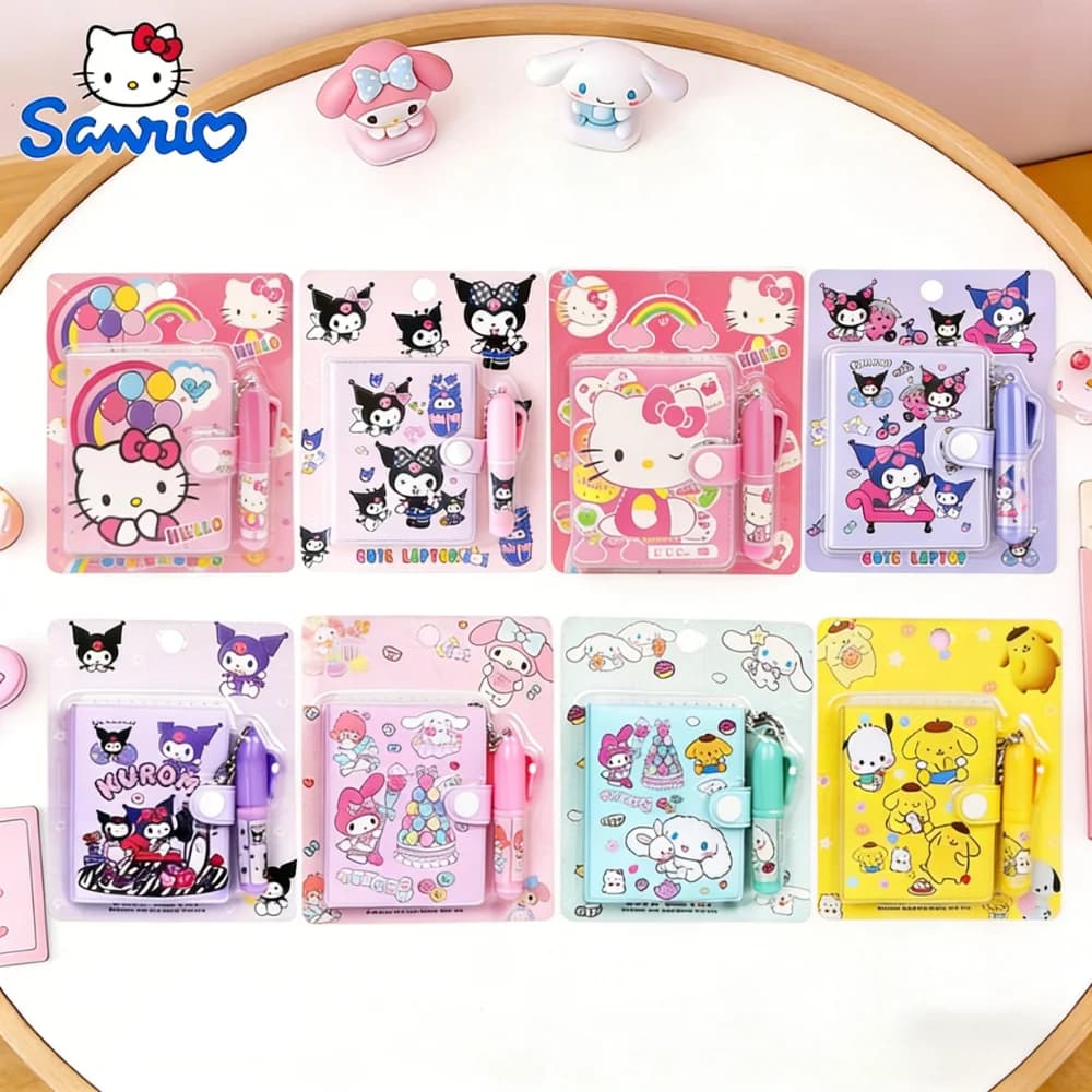 # Set di 8 quaderni tascabili classici Sanrio con personaggi dei cartoni animati Kuromi e Melody, mini quaderni carini per studenti, set di cancelleria con penna, premio per bambini, idea regalo.