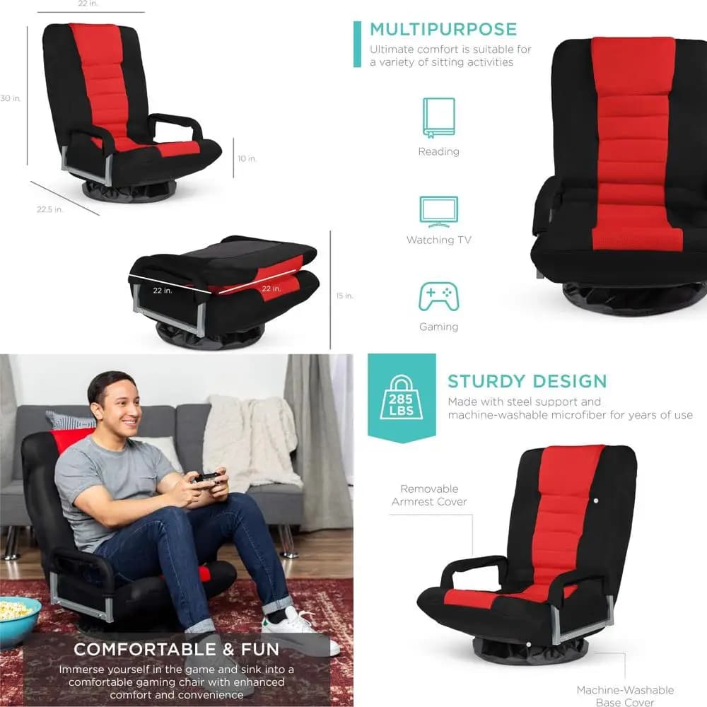 360 ° Sedia Girevole Ergonomica con Supporto Lombare, Braccioli, Schienale Regolabile per Gaming, TV, Lettura - Nero/Rosso