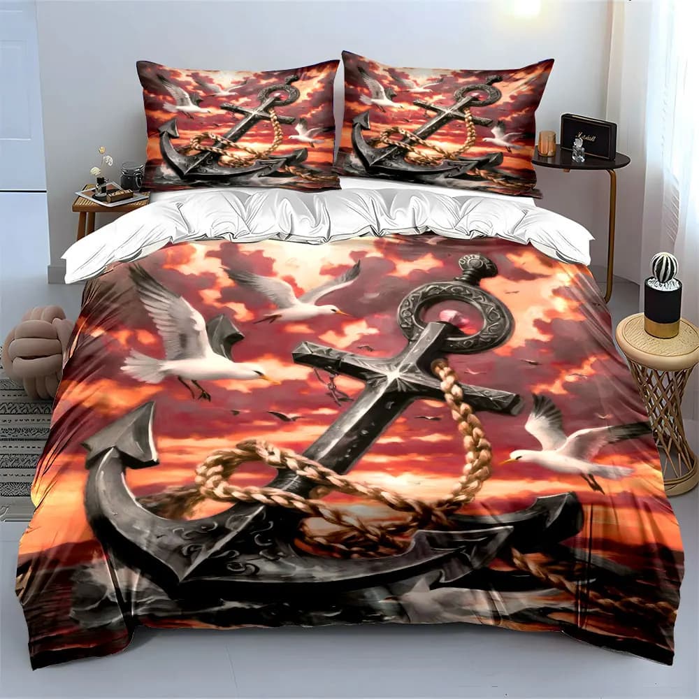 Set decorativo con ancora e gabbiani, set di biancheria da letto morbido e confortevole, include 1 copripiumino e 2 federe, regalo
