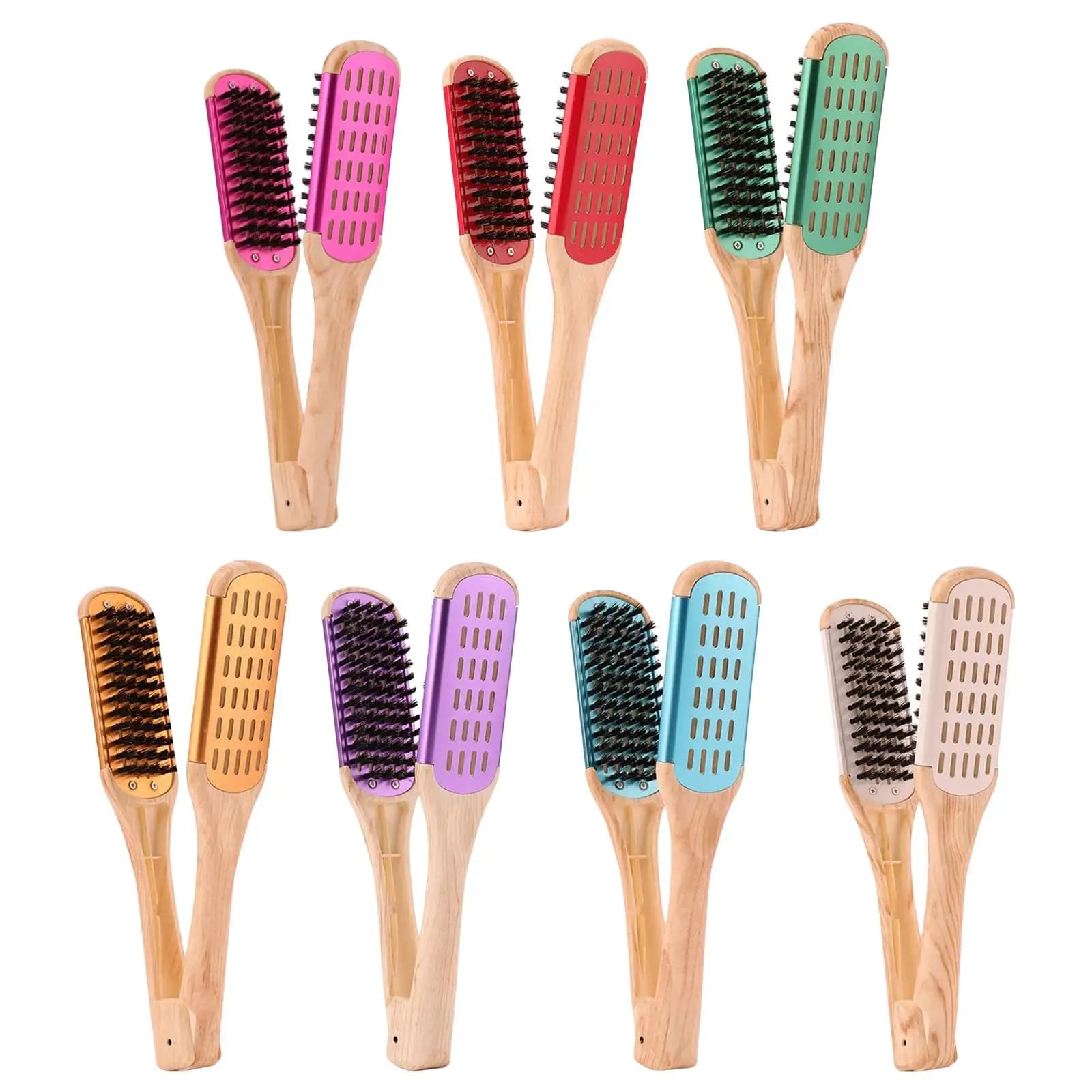 Double face brush for hair comb plate professional wooden handle shape V brush clamp for travel hair style living room