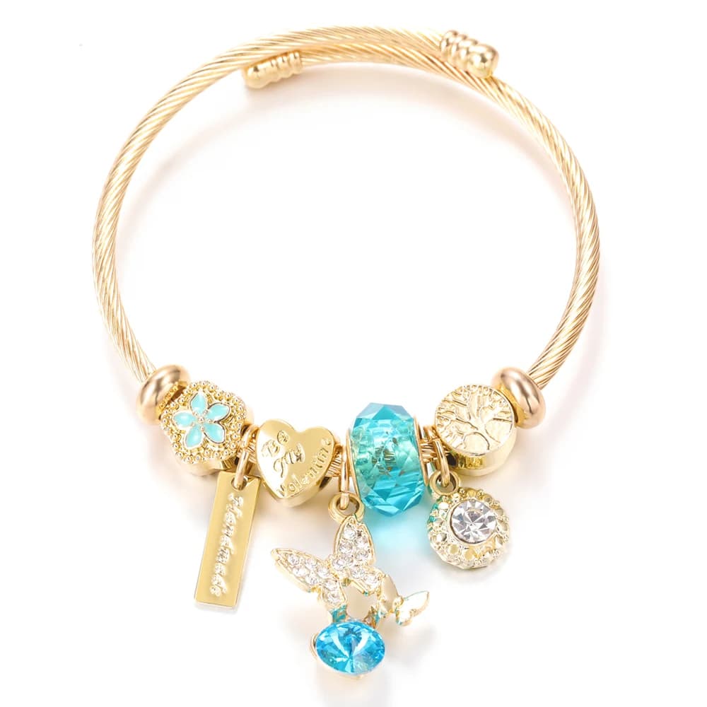 Ciondolo a forma di farfalla di cristallo alla moda che gocciola l'olio Albero della vita Bracciale con perline in 4 colori Bracciale con chiusura in acciaio inossidabile Gioielli da donna