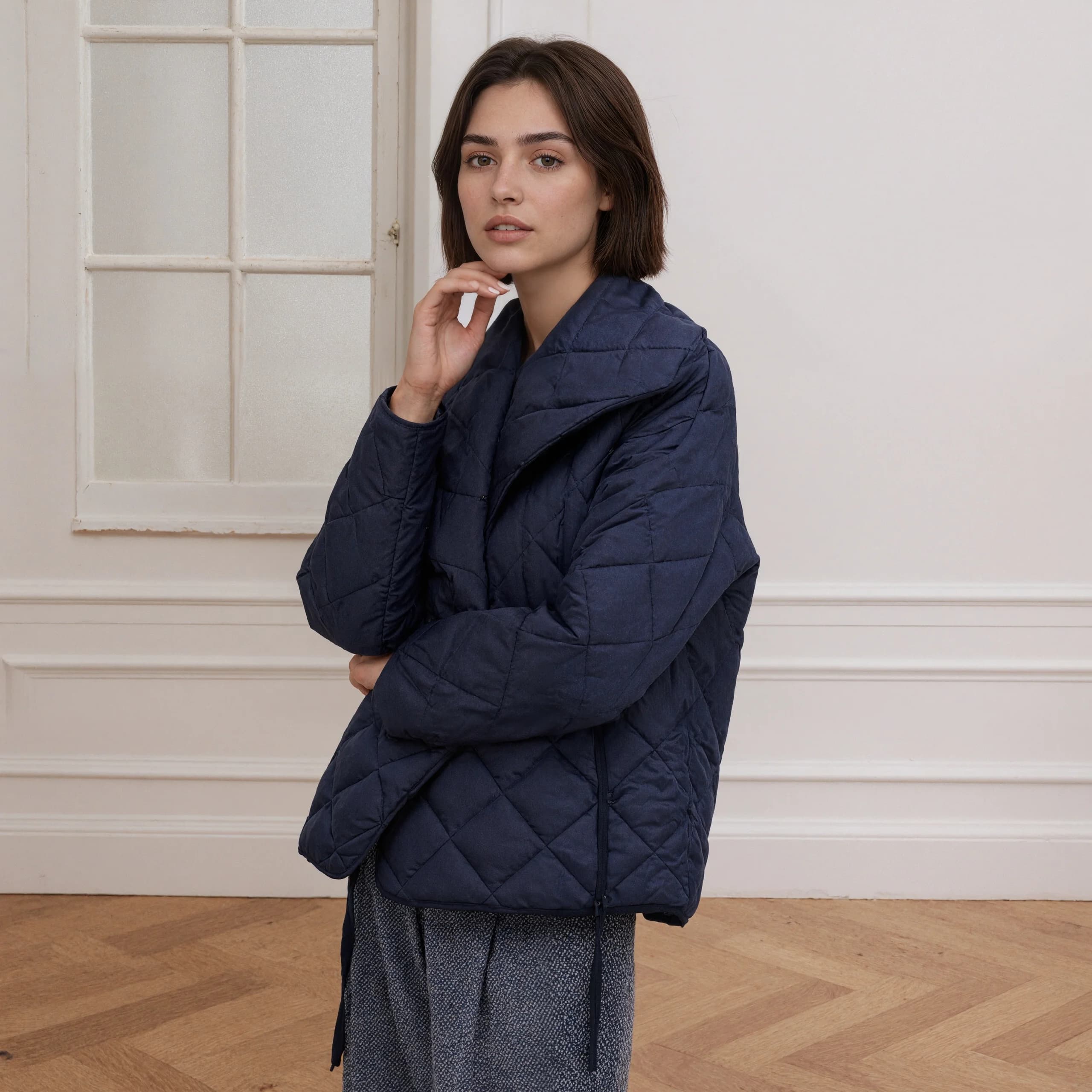 Women's Dark Blue Quilted Short Jacket Oversize Coat with Shawl Collar Padded Coat Autumn Winter Thanksgiving Christmas Gift