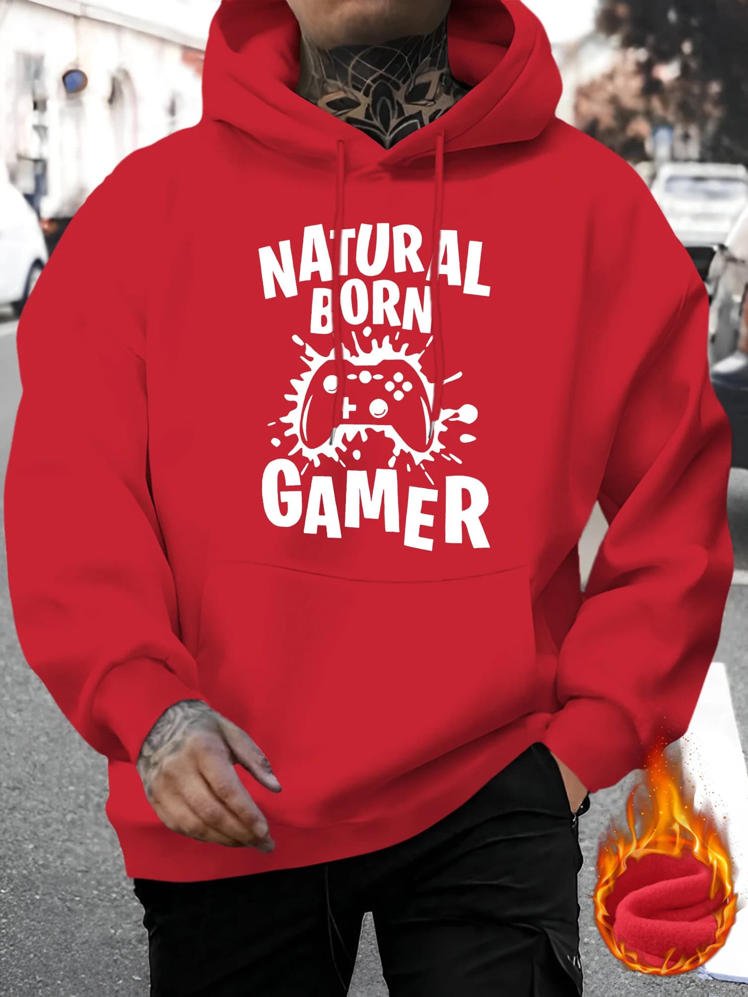 Gamer Slogan Game Controller Print Hoodie,Fleece‑Lined Long‑Sleeve Pullover with Kangaroo Pocket,Trendy Casual Street Topfor Men