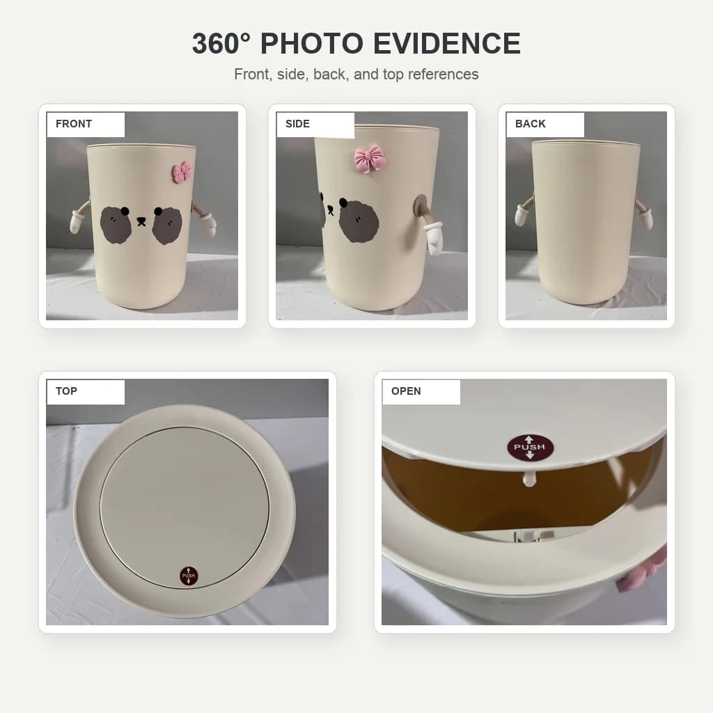 Kawaii Bear Press‑Open Trash Can, Cream Plastic Decorative Waste Bin with Swing Arms, Odor Resistant Lidded Garbage Can for Bedroom Dorm Girl Room