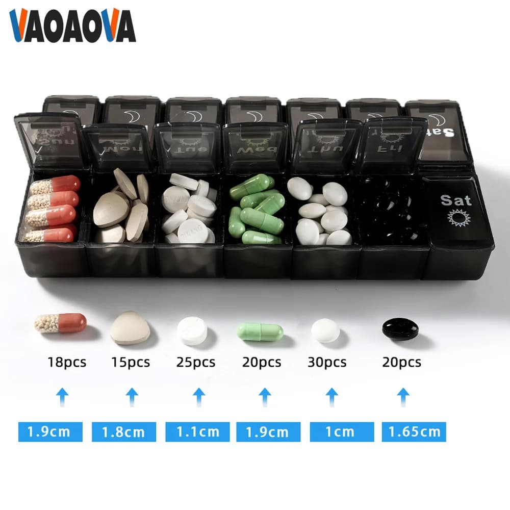 Set of 1 organizer for pills from 7 days, 2 times a day, large weekly container for pills, medicine case, container for fish oil supplements and vitamins