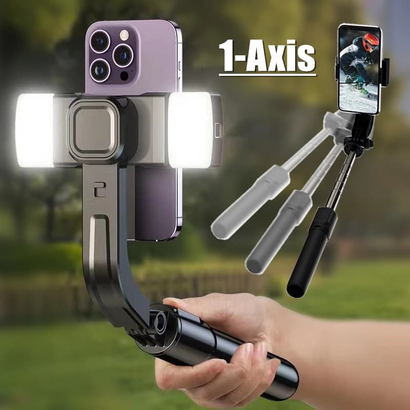 Stabilizzatore cardanico anti-vibrazione wireless a 1 asse per smartphone, supporto per telefono treppiede pieghevole per selfie stick per iPhone Android mobile